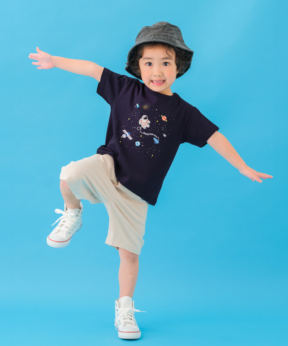 ベビー服 男の子 綿100％ 宇宙 刺繍 半袖 Tシャツ ブルー(61) 正面