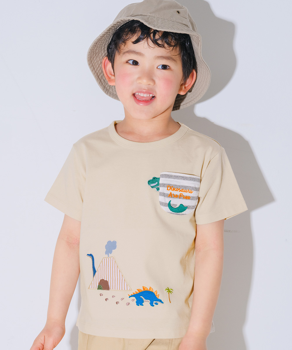 ベビー服 男の子 綿100％ 恐竜 ＆ 火山 Tシャツ ブルー(61) 正面