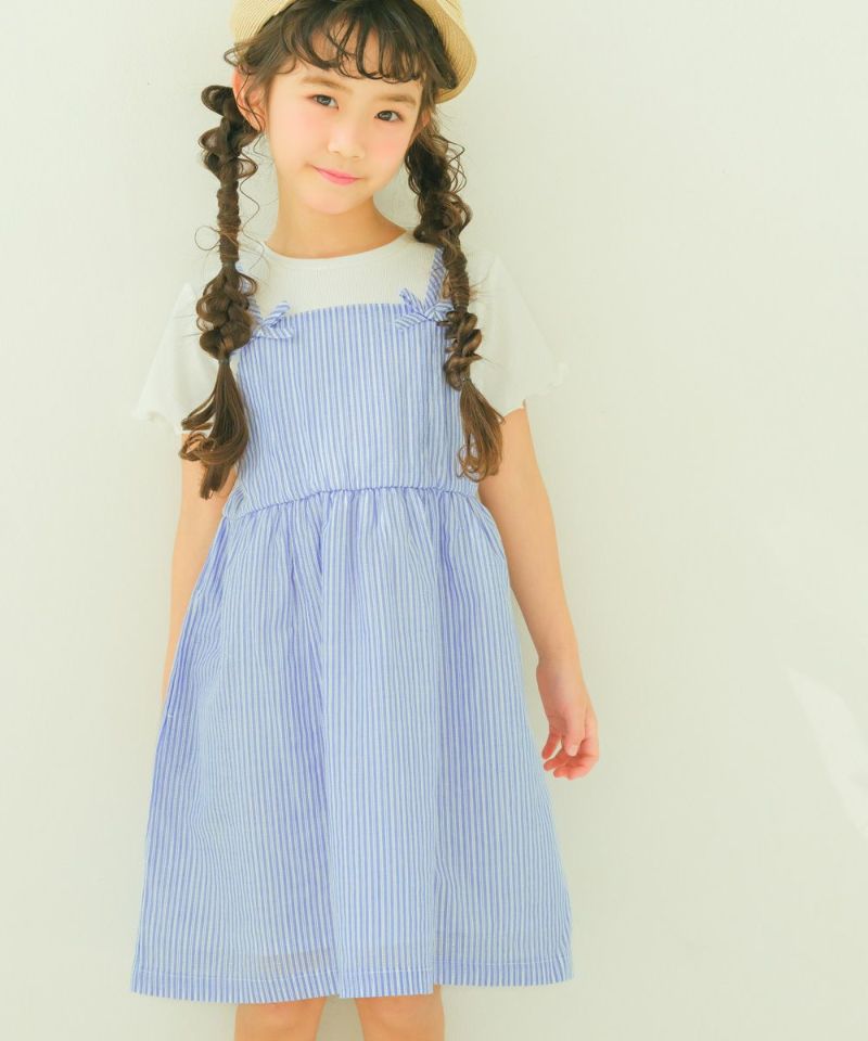 子供服 女の子 重ね着風 リボン付き ストライプ ワンピース
