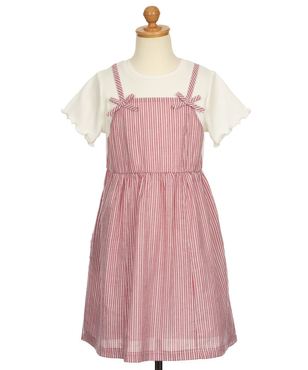 子供服 女の子 重ね着風 リボン付き ストライプ ワンピース レッド(03) トルソー背面