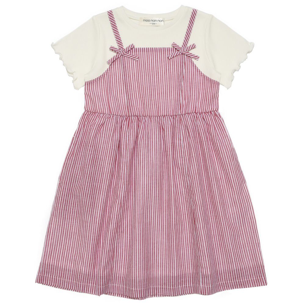 子供服 女の子 重ね着風 リボン付き ストライプ ワンピース レッド(03) 正面
