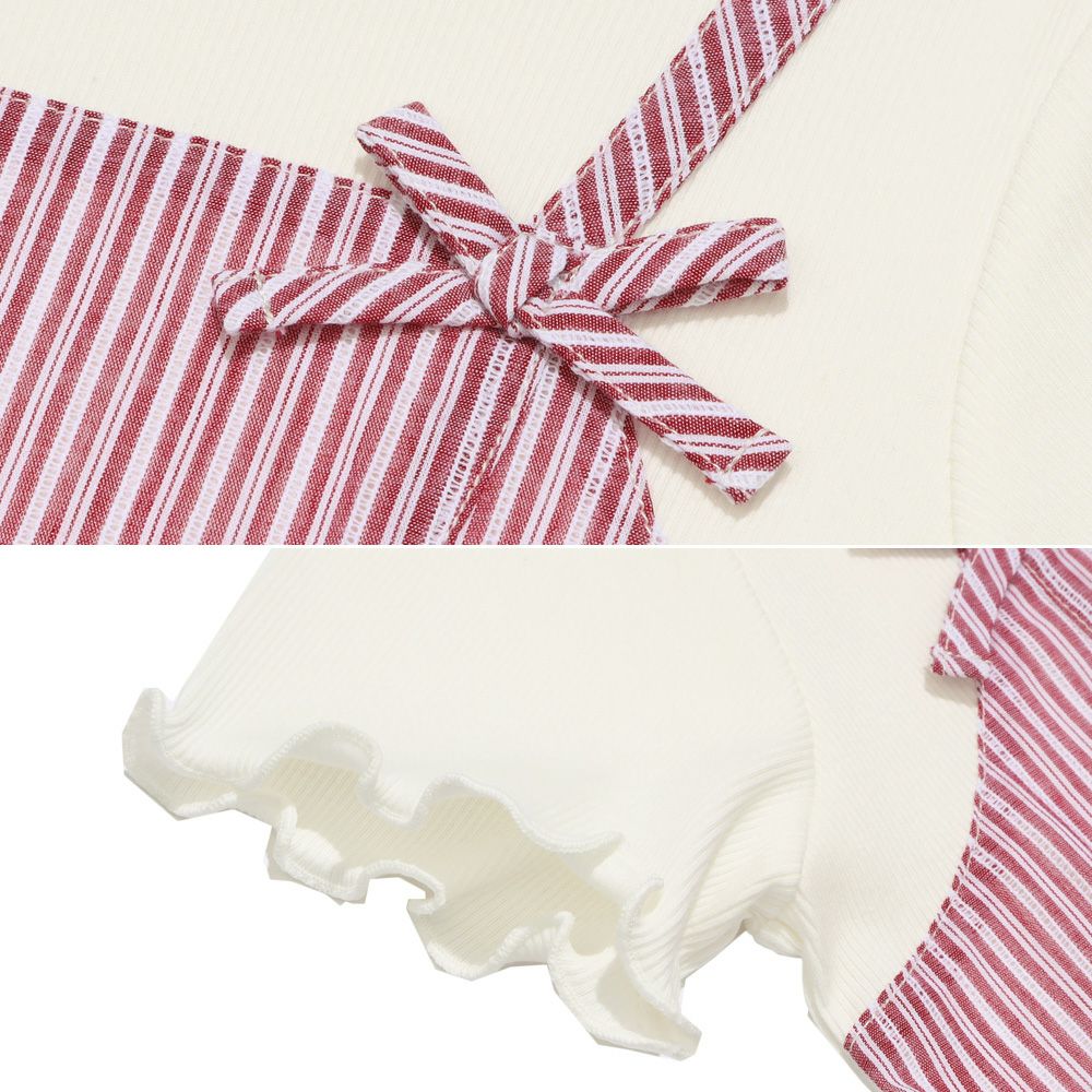 子供服 女の子 重ね着風 リボン付き ストライプ ワンピース レッド(03) デザインポイント1