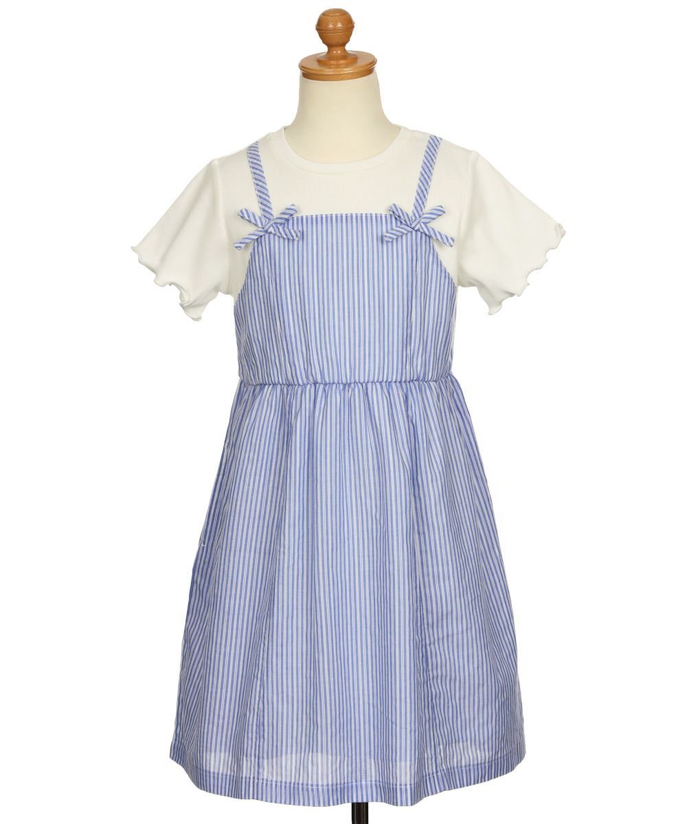 子供服 女の子 重ね着風 リボン付き ストライプ ワンピース ブルー(61) トルソー正面