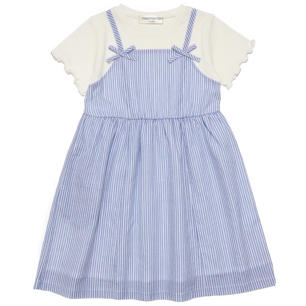 子供服 女の子 重ね着風 リボン付き ストライプ ワンピース ブルー(61) 正面