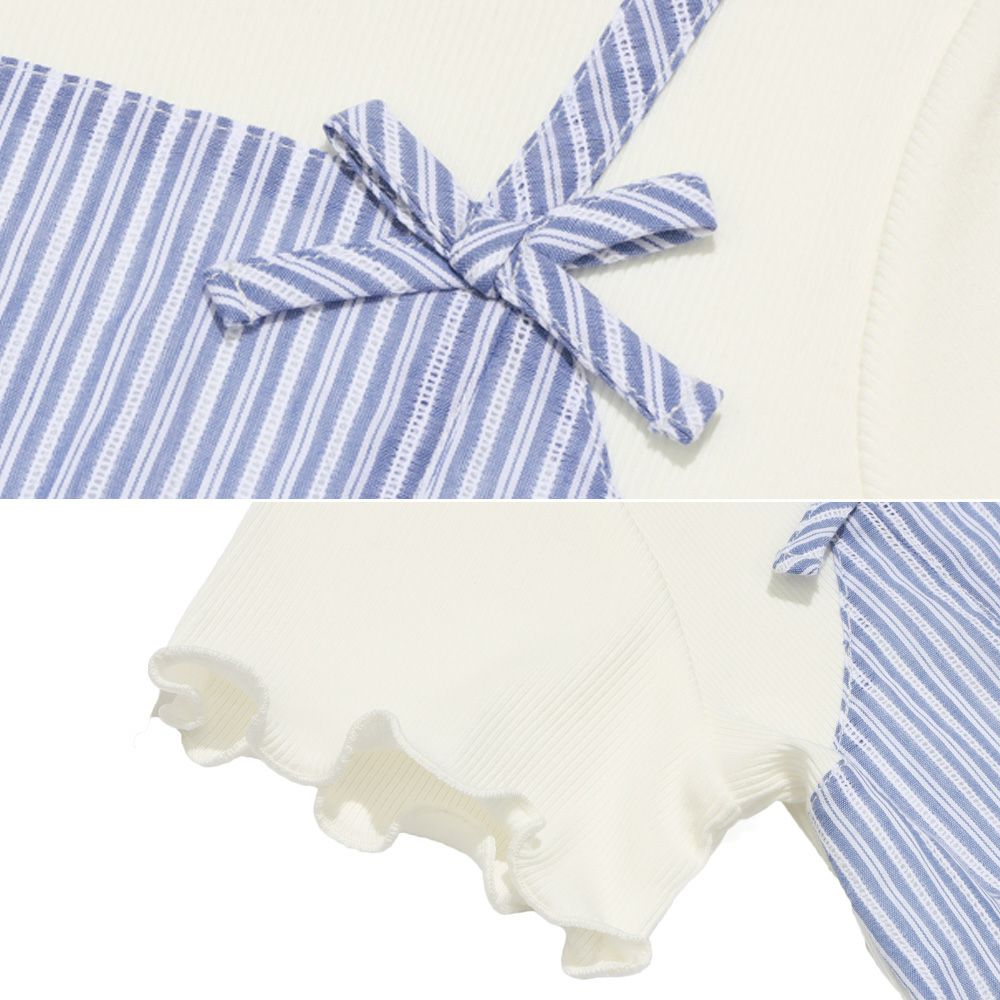子供服 女の子 重ね着風 リボン付き ストライプ ワンピース ブルー(61) デザインポイント1