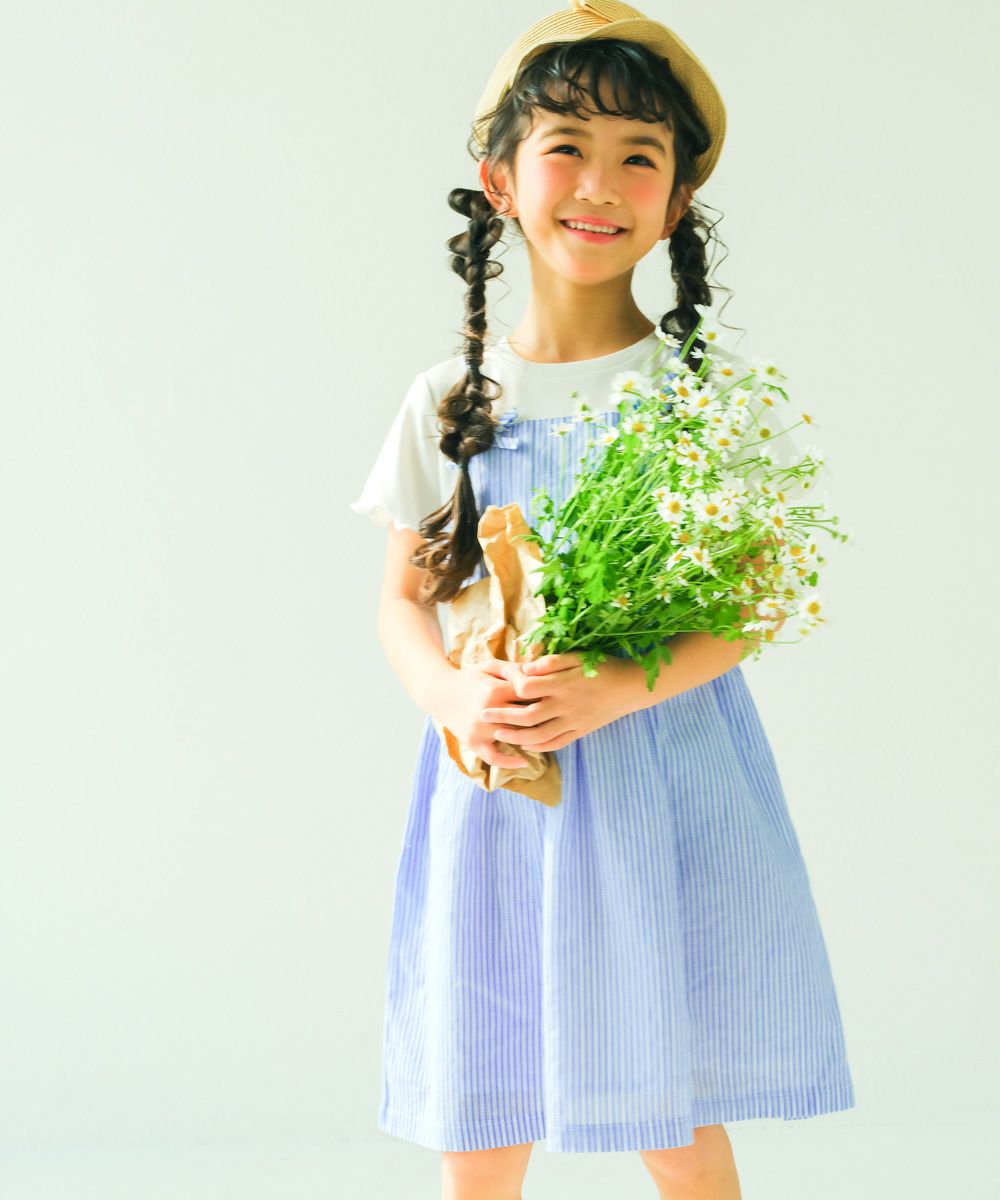 子供服 女の子 重ね着風 リボン付き ストライプ ワンピース ブルー(61) モデル画像アップ
