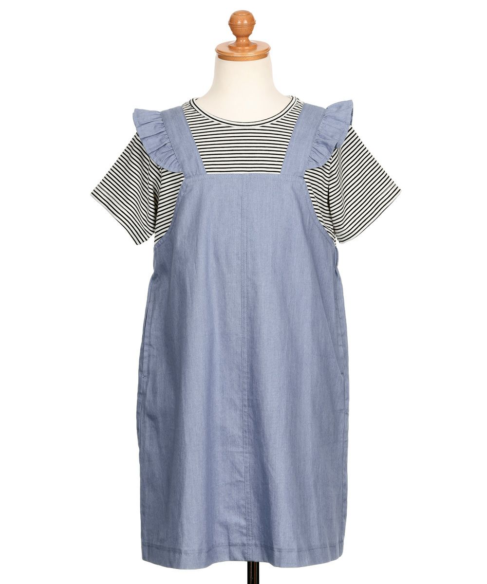 子供服 女の子 ボーダー ＆ 肩フリル 重ね着風 ワンピース ブラック(00) トルソー背面