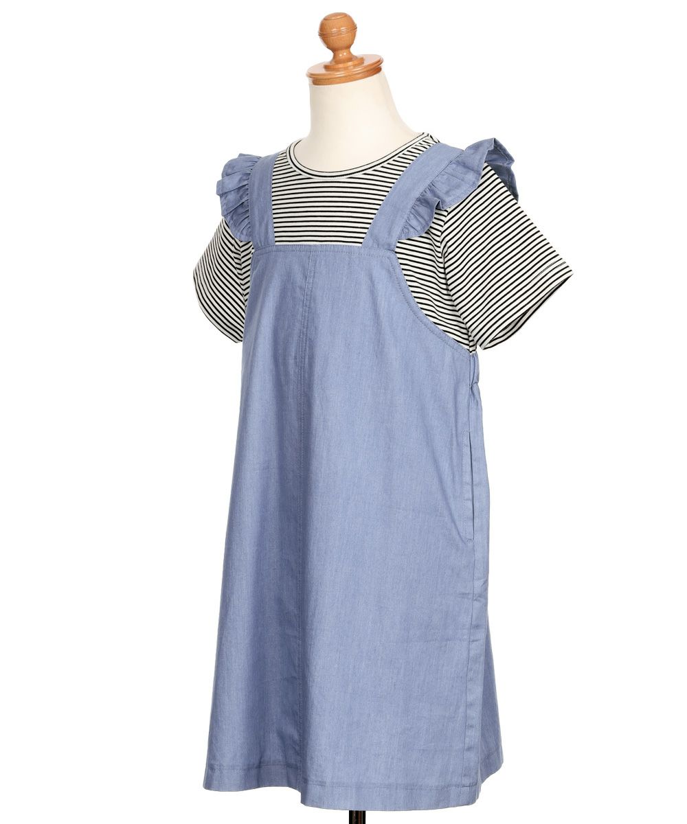 子供服 女の子 ボーダー ＆ 肩フリル 重ね着風 ワンピース ブラック(00) トルソー斜め