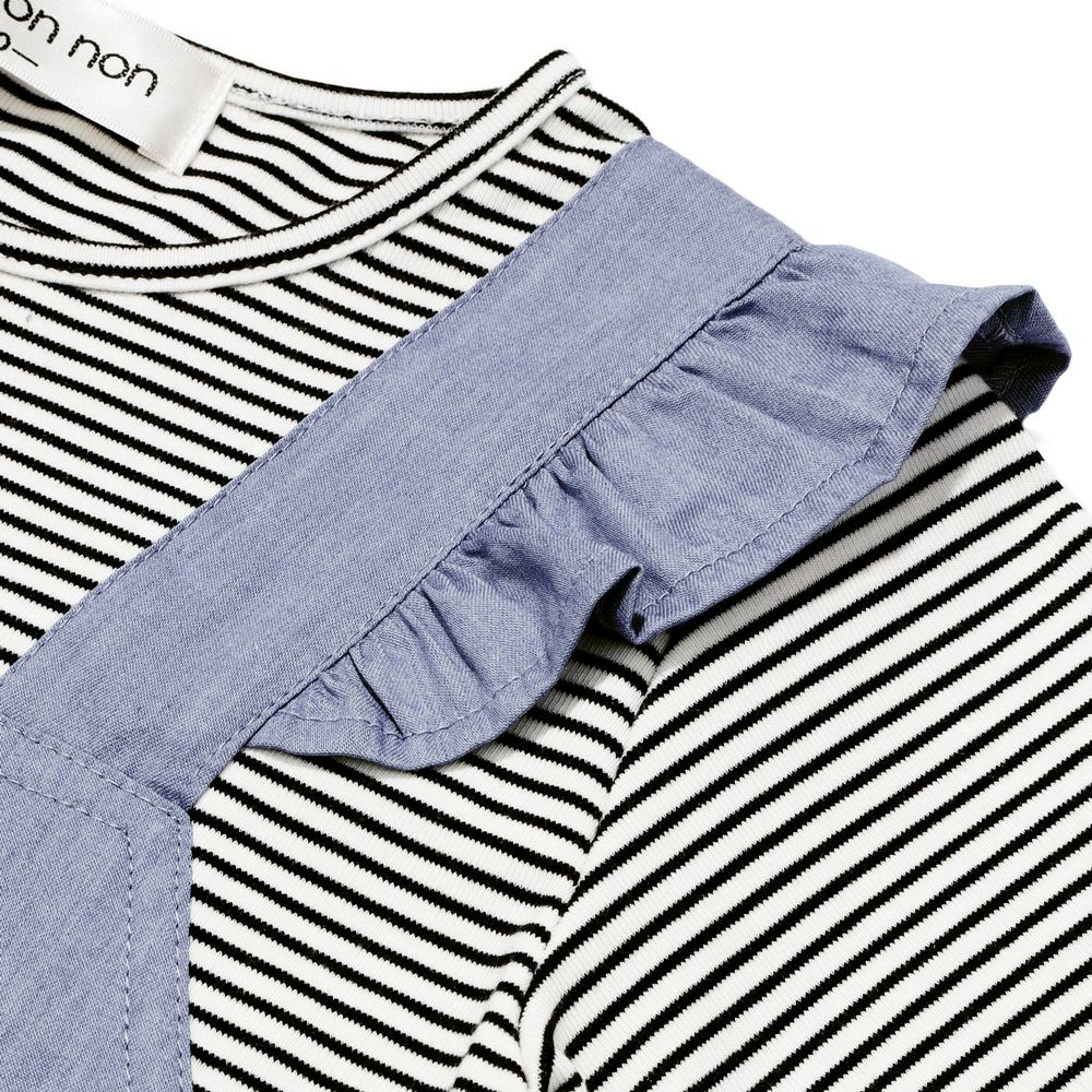 子供服 女の子 ボーダー ＆ 肩フリル 重ね着風 ワンピース ブラック(00) デザインポイント1