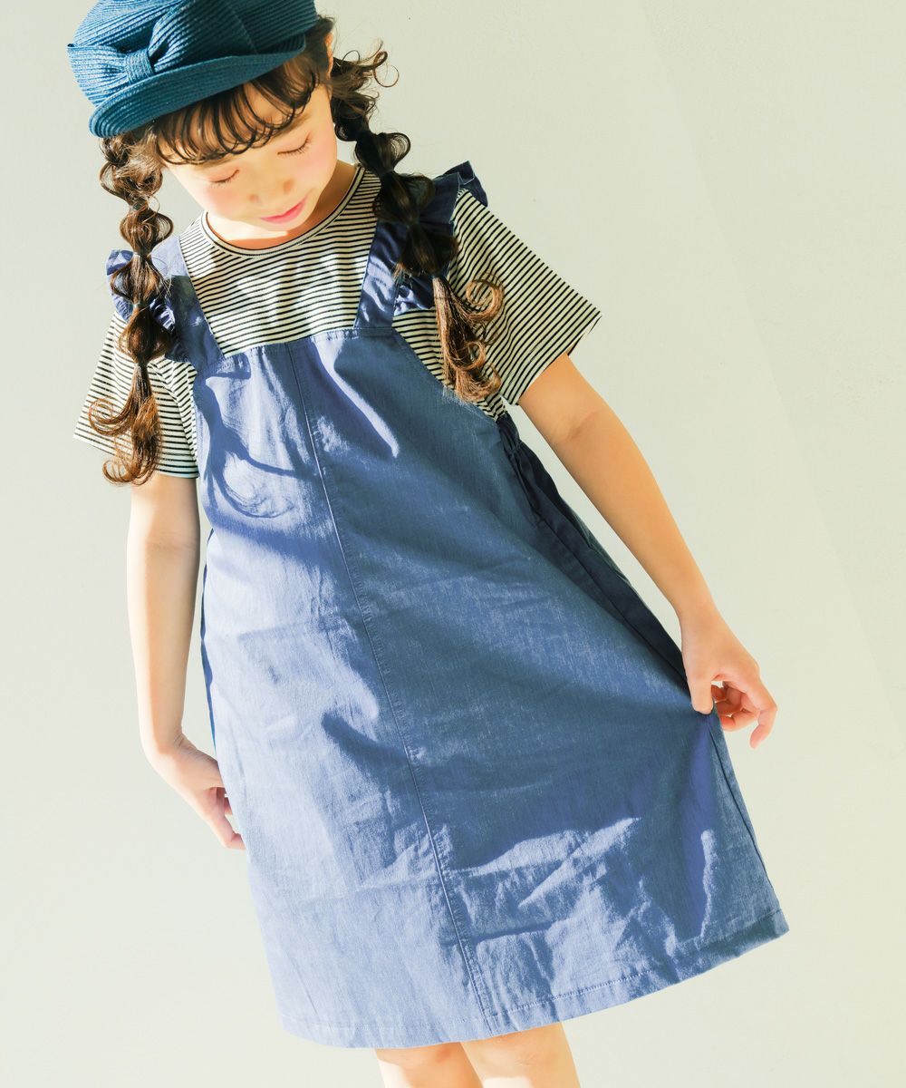 子供服 女の子 ボーダー ＆ 肩フリル 重ね着風 ワンピース ブラック(00) モデル画像アップ