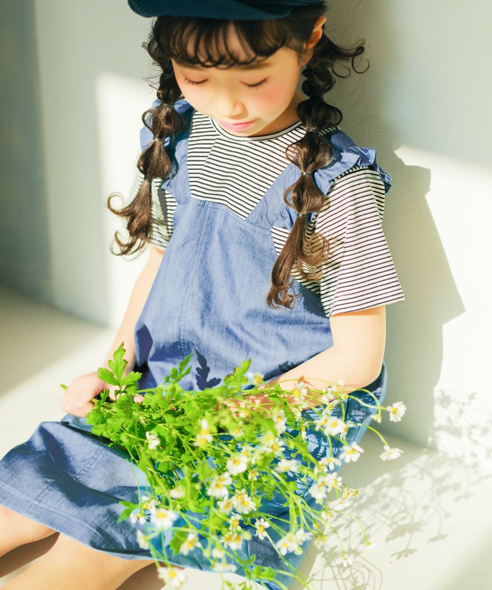 子供服 女の子 ボーダー ＆ 肩フリル 重ね着風 ワンピース ブラック(00) モデル画像2