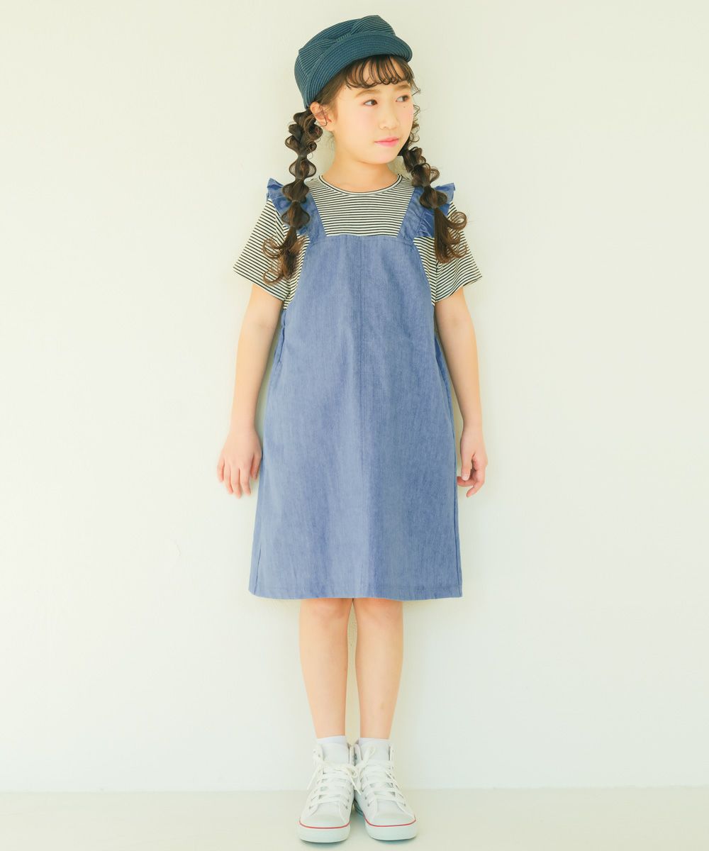子供服 女の子 ボーダー ＆ 肩フリル 重ね着風 ワンピース ブラック(00) モデル画像3