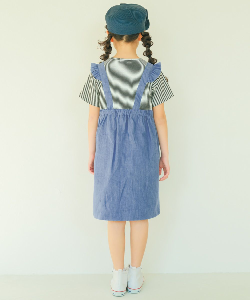 子供服 女の子 ボーダー ＆ 肩フリル 重ね着風 ワンピース ブラック(00) モデル画像4