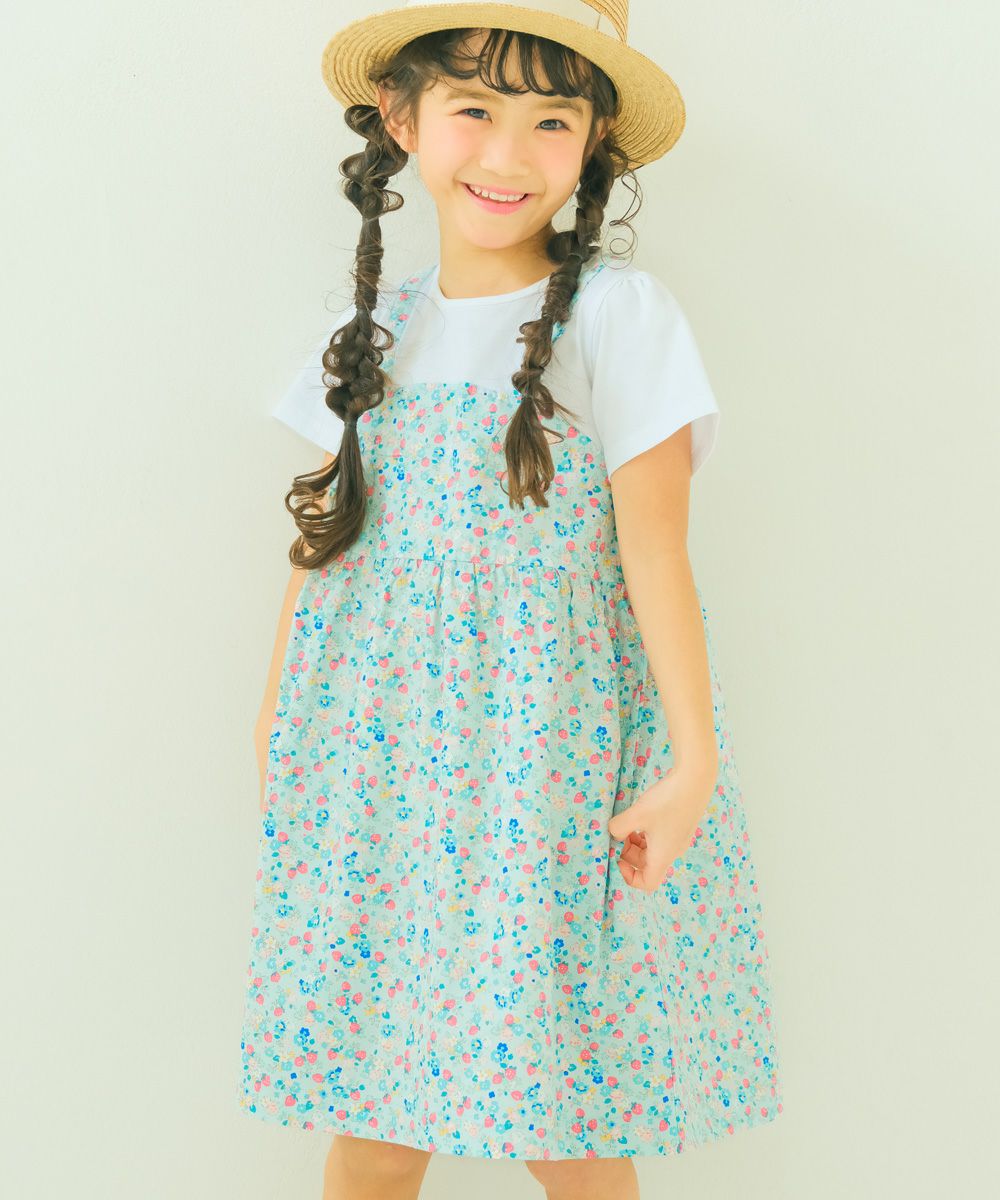 ベビー服 女の子 お花 ＆ イチゴ柄 重ね着風 ワンピース