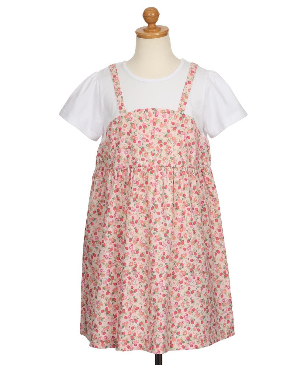 ベビー服 女の子 お花 ＆ イチゴ柄 重ね着風 ワンピース ピンク(02) トルソー背面