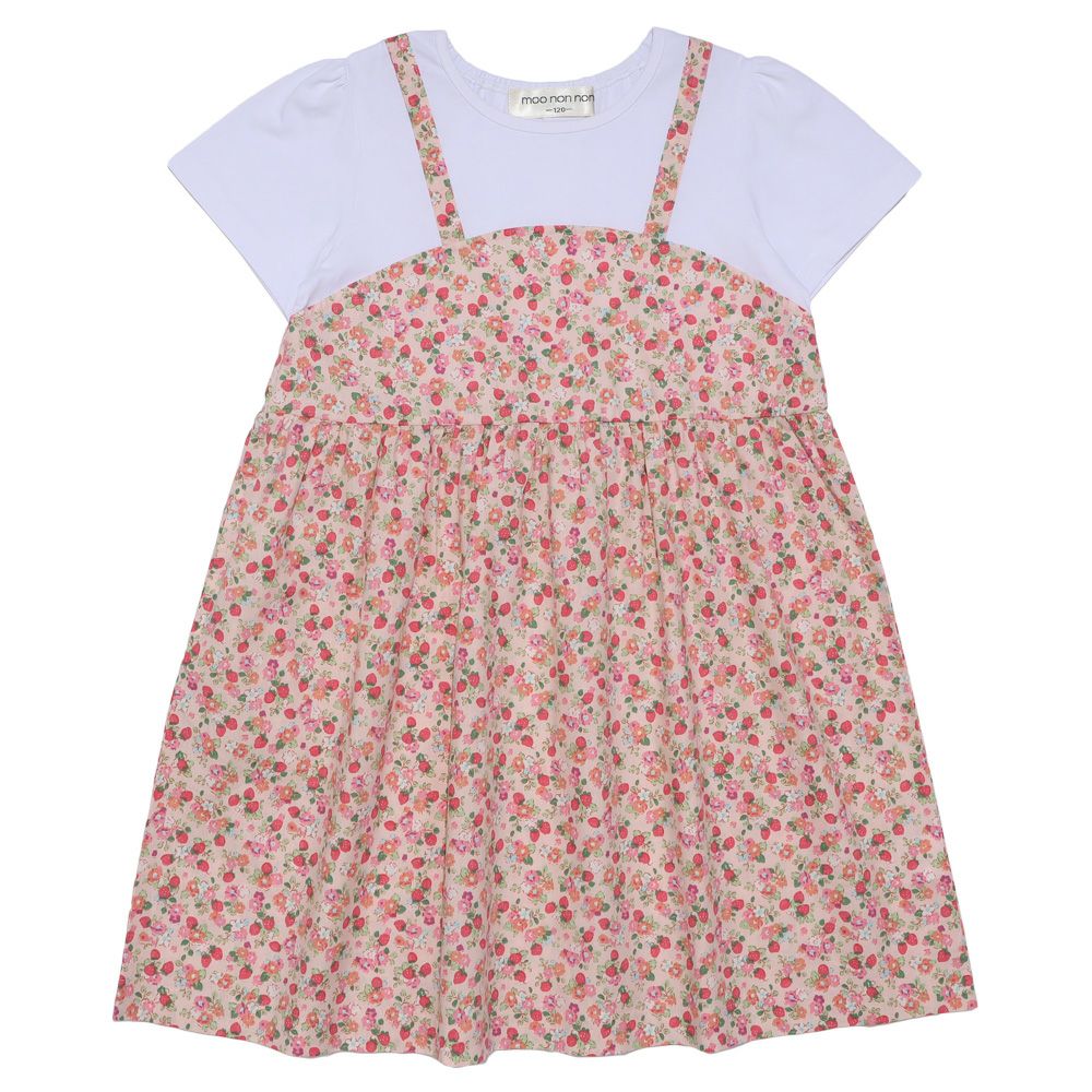ベビー服 女の子 お花 ＆ イチゴ柄 重ね着風 ワンピース ピンク(02) 正面