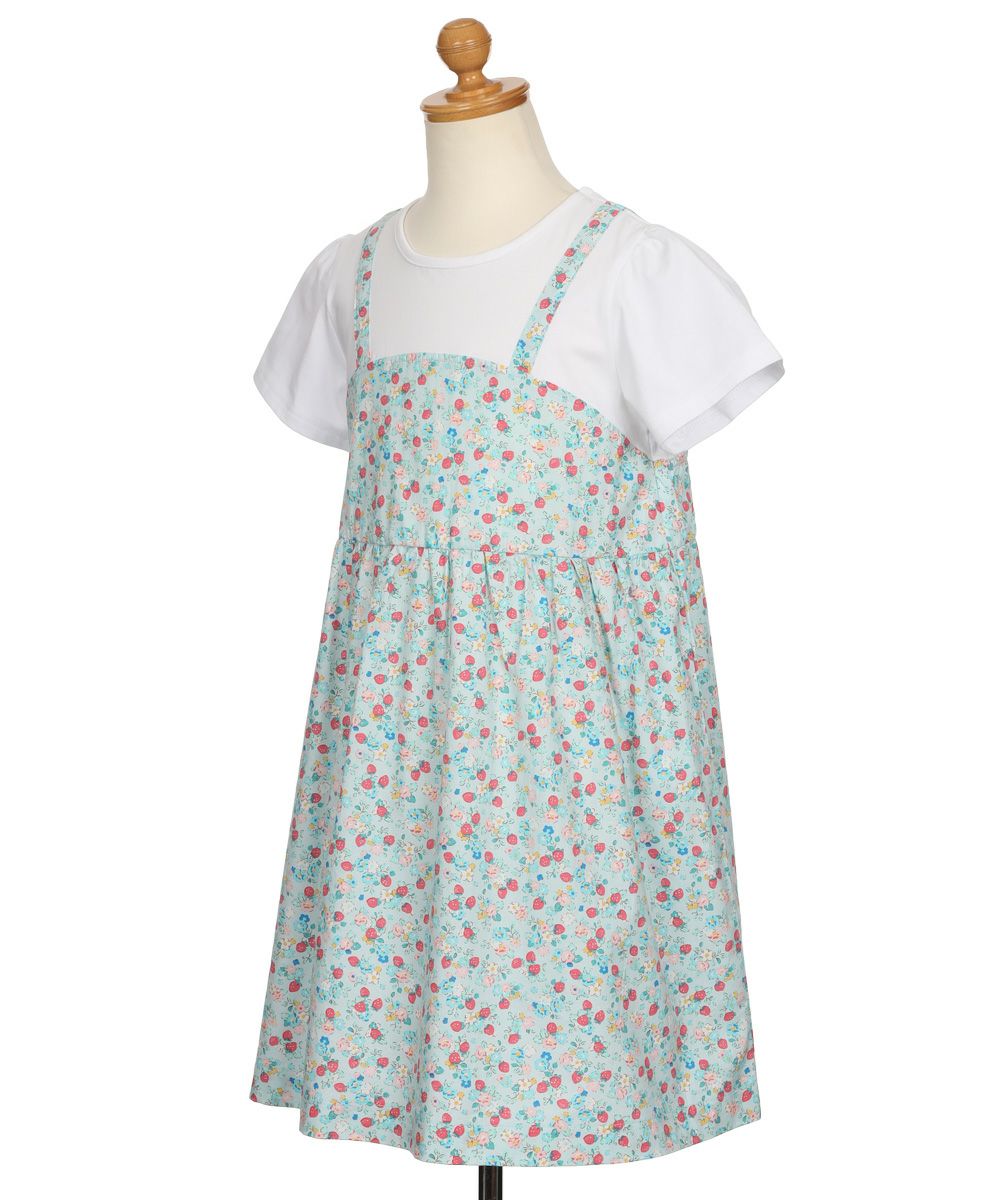 ベビー服 女の子 お花 ＆ イチゴ柄 重ね着風 ワンピース ブルー(61) トルソー斜め