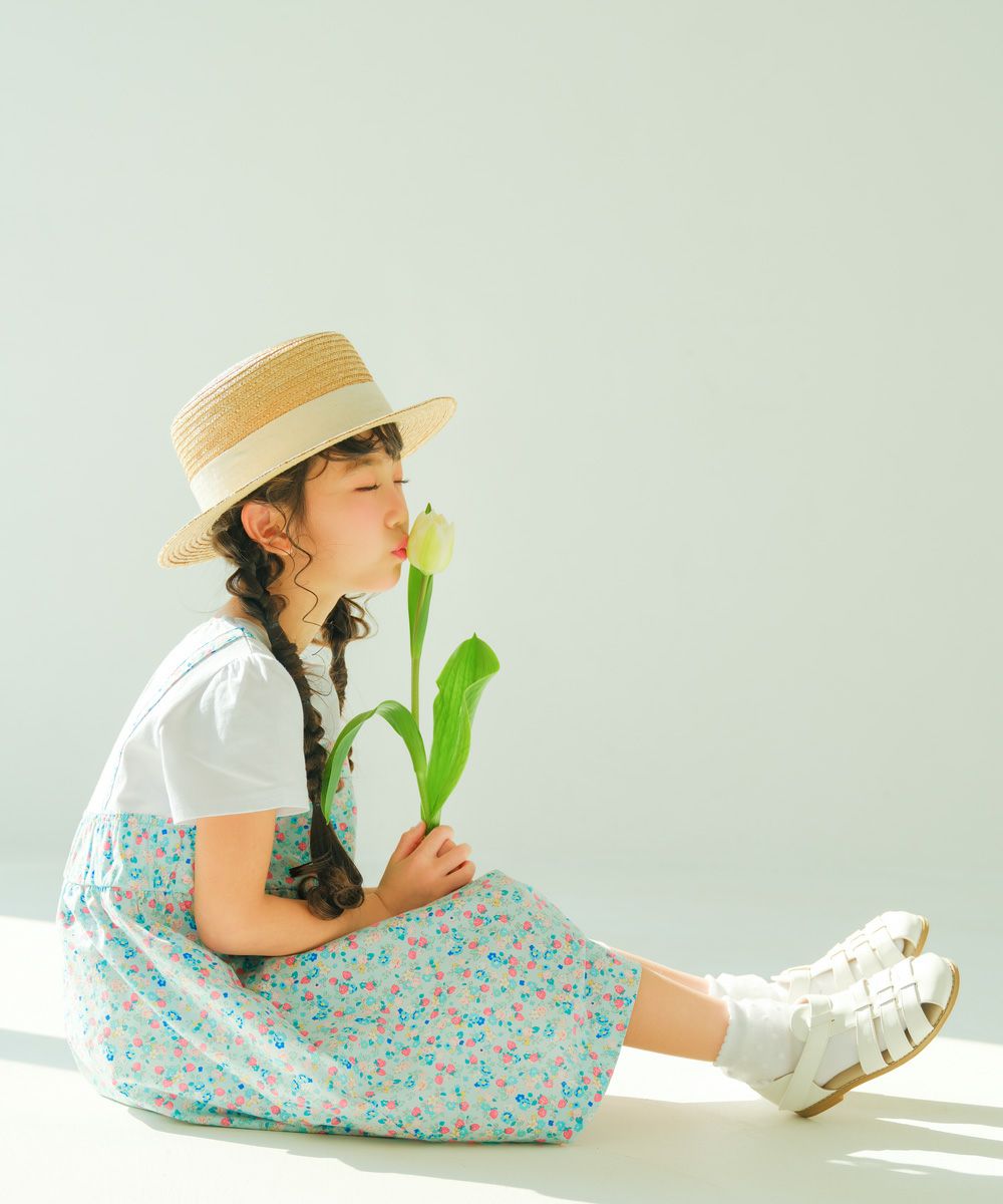 ベビー服 女の子 お花 ＆ イチゴ柄 重ね着風 ワンピース ブルー(61) モデル画像1