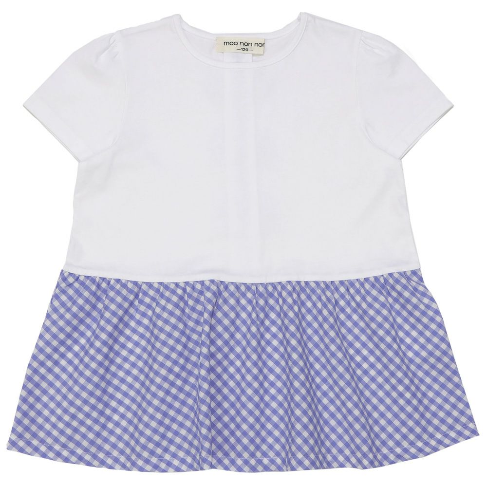 ベビー服 女の子 バックリボン ギンガムチェック 切替え Tシャツ ブルー(61) 正面