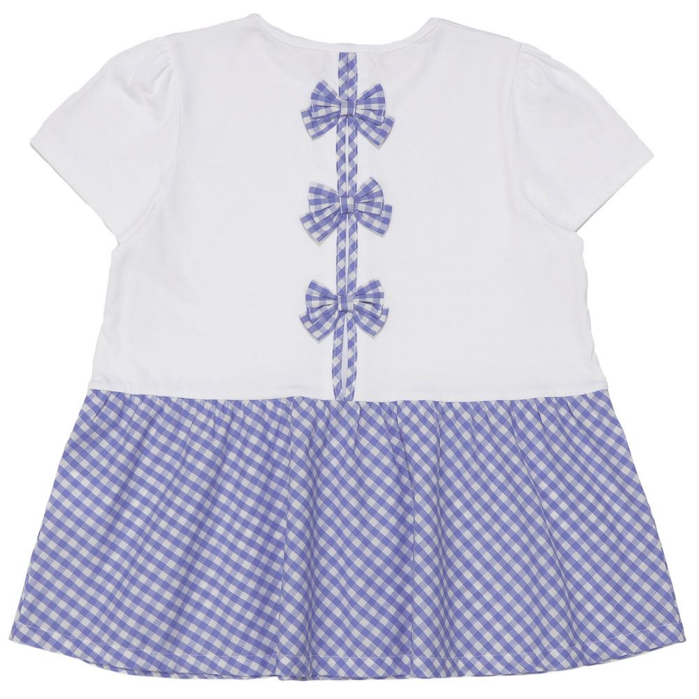 ベビー服 女の子 バックリボン ギンガムチェック 切替え Tシャツ ブルー(61) 背面