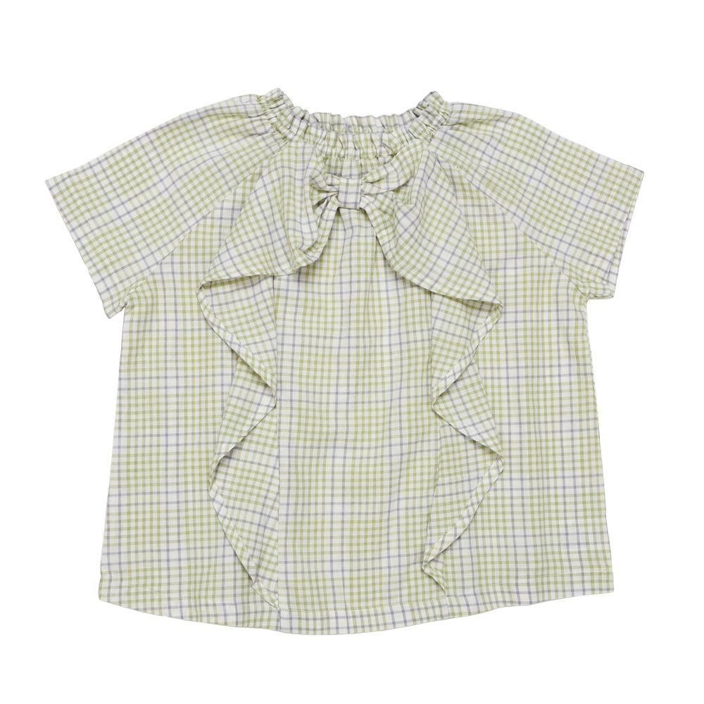 子供服 女の子 綿100％ リボン ＆ チェック ブラウス グリーン(08) 正面
