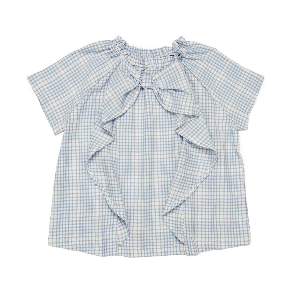 子供服 女の子 綿100％ リボン ＆ チェック ブラウス ブルー(61) 正面