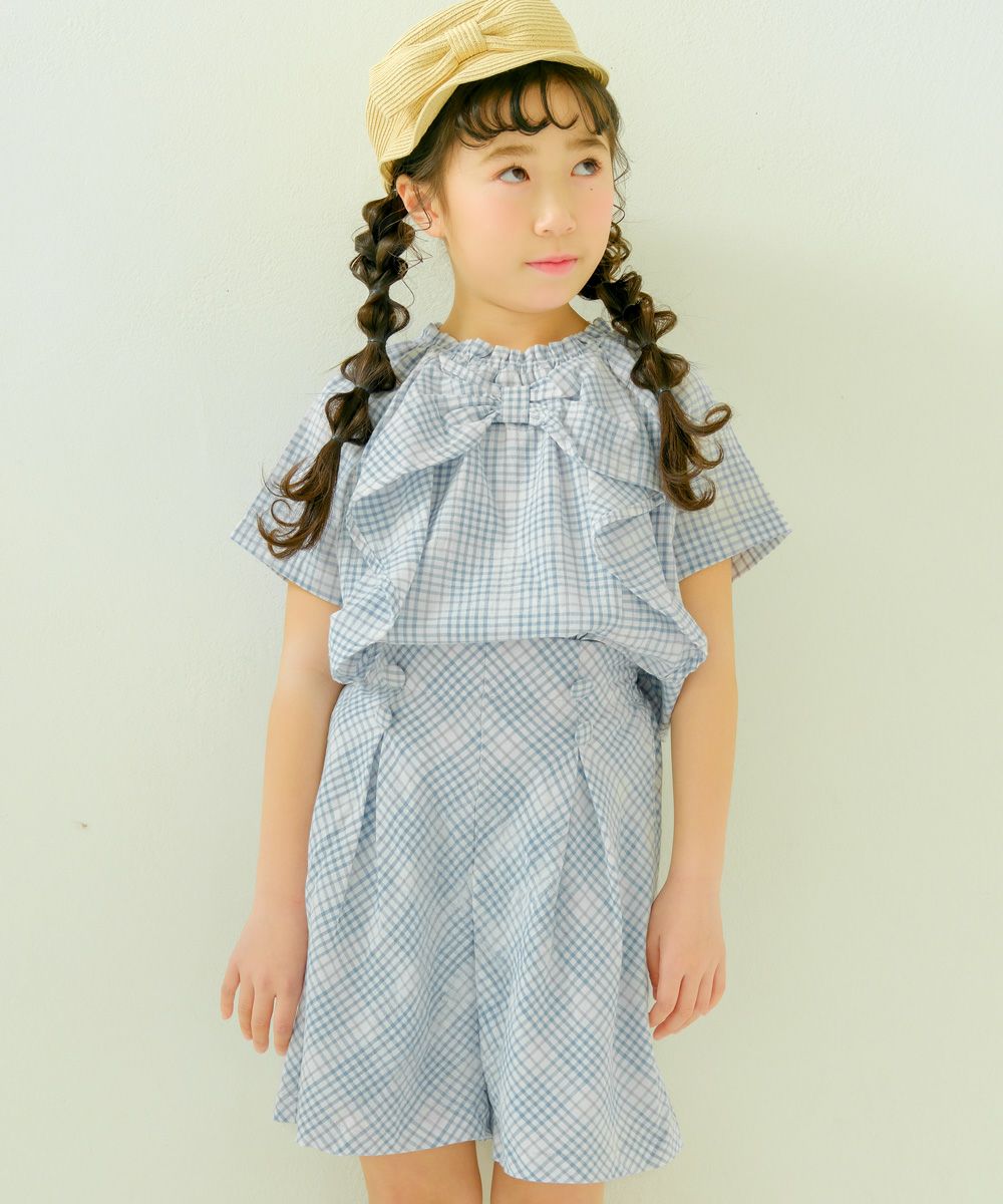 子供服 女の子 綿100％ リボン ＆ チェック ブラウス ブルー(61) モデル画像1