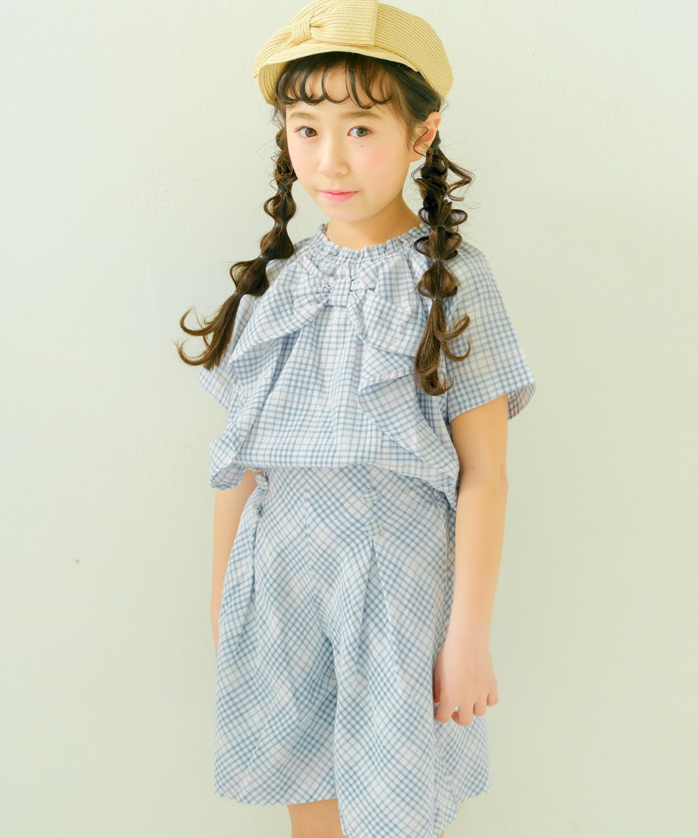 子供服 女の子 綿100％ リボン ＆ チェック ブラウス ブルー(61) モデル画像3