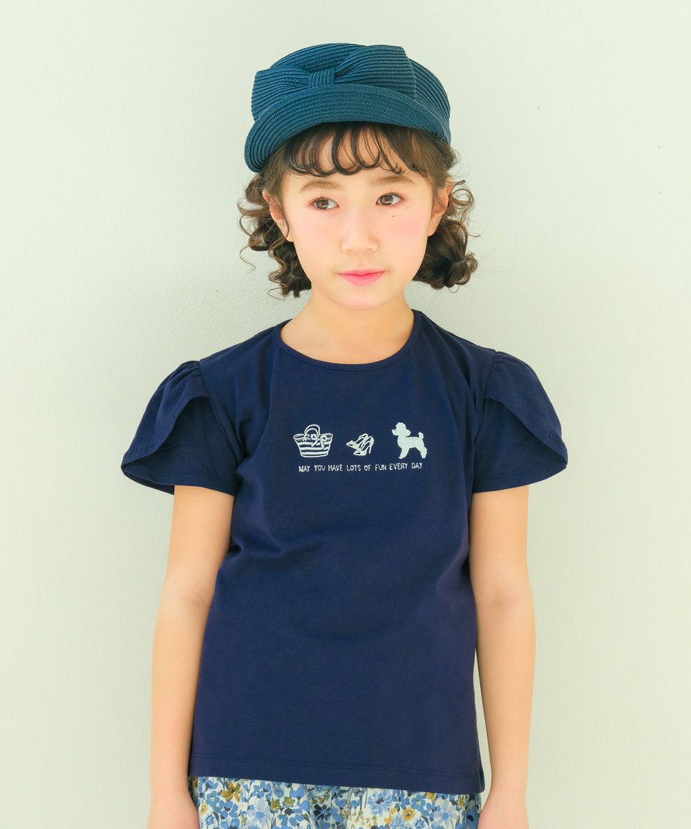 子供服 女の子 綿100％ おしゃれ小物 プードル 犬 Tシャツ ネイビー(06) モデル画像アップ