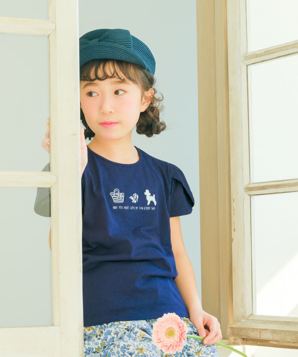 子供服 女の子 綿100％ おしゃれ小物 プードル 犬 Tシャツ ネイビー(06) モデル画像1