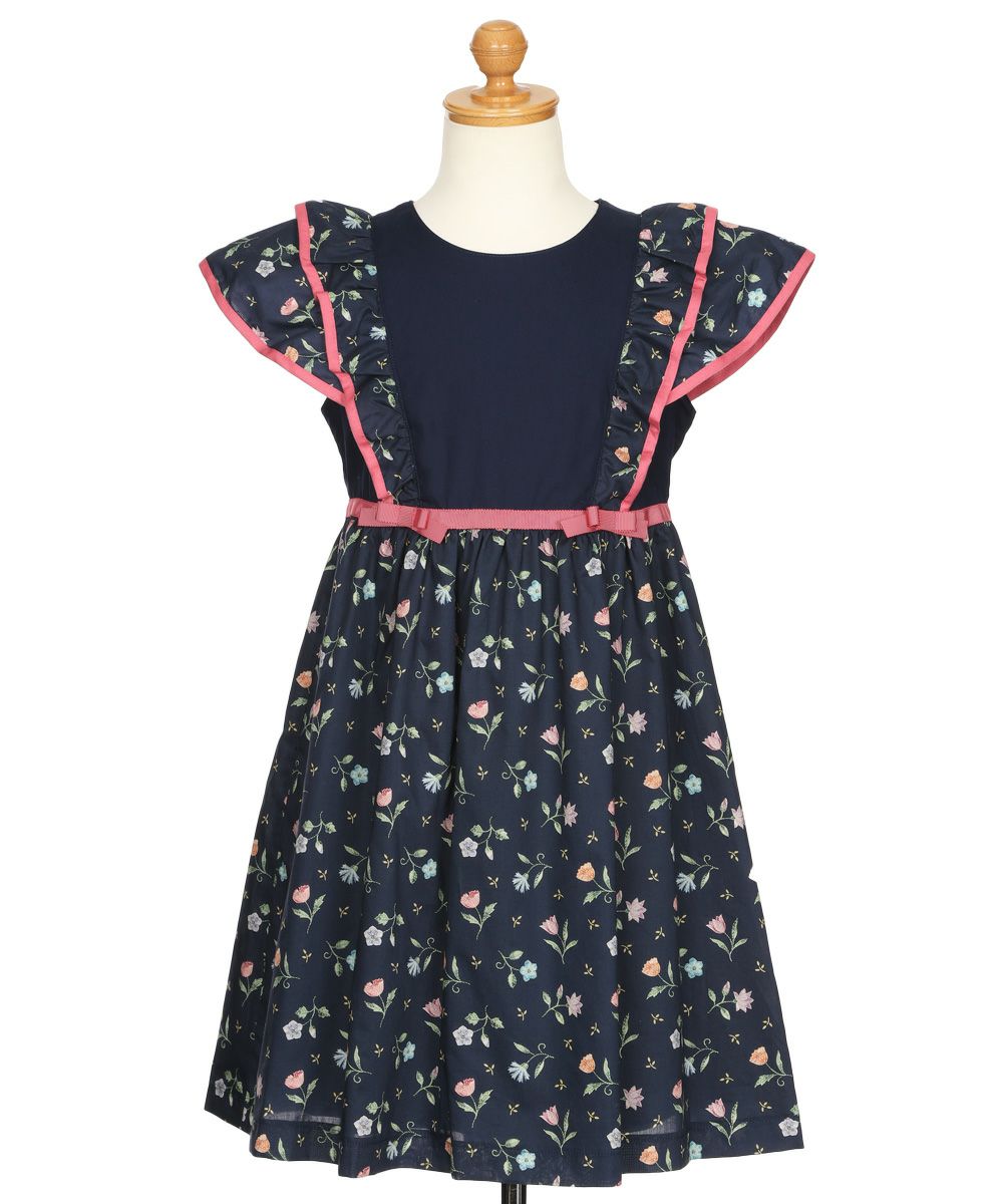 子供服 女の子 日本製 綿100％ リバティプリント使用 花柄 フリル ワンピース ネイビー(06) トルソー背面