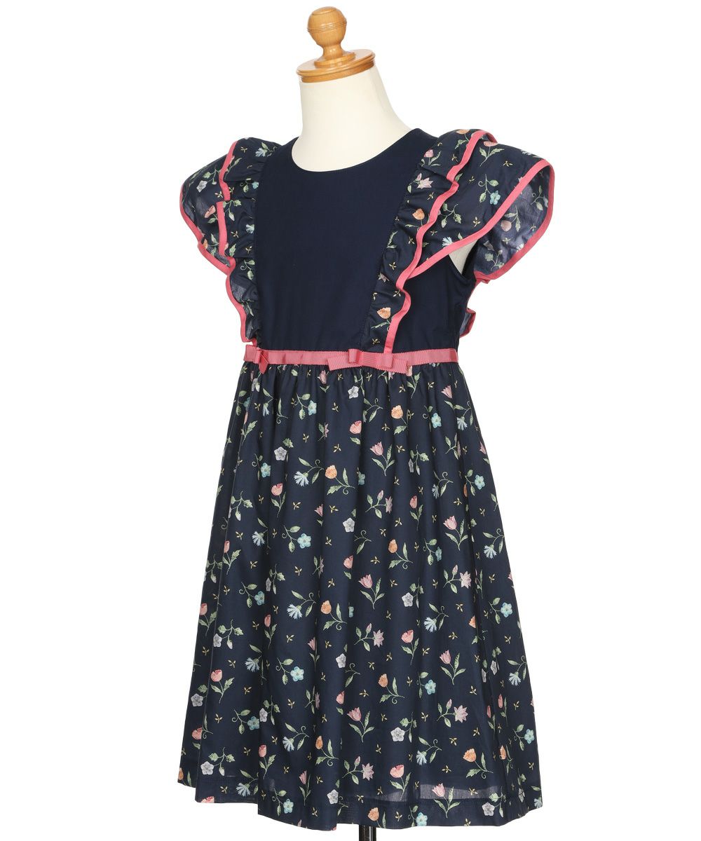 子供服 女の子 日本製 綿100％ リバティプリント使用 花柄 フリル ワンピース ネイビー(06) トルソー斜め