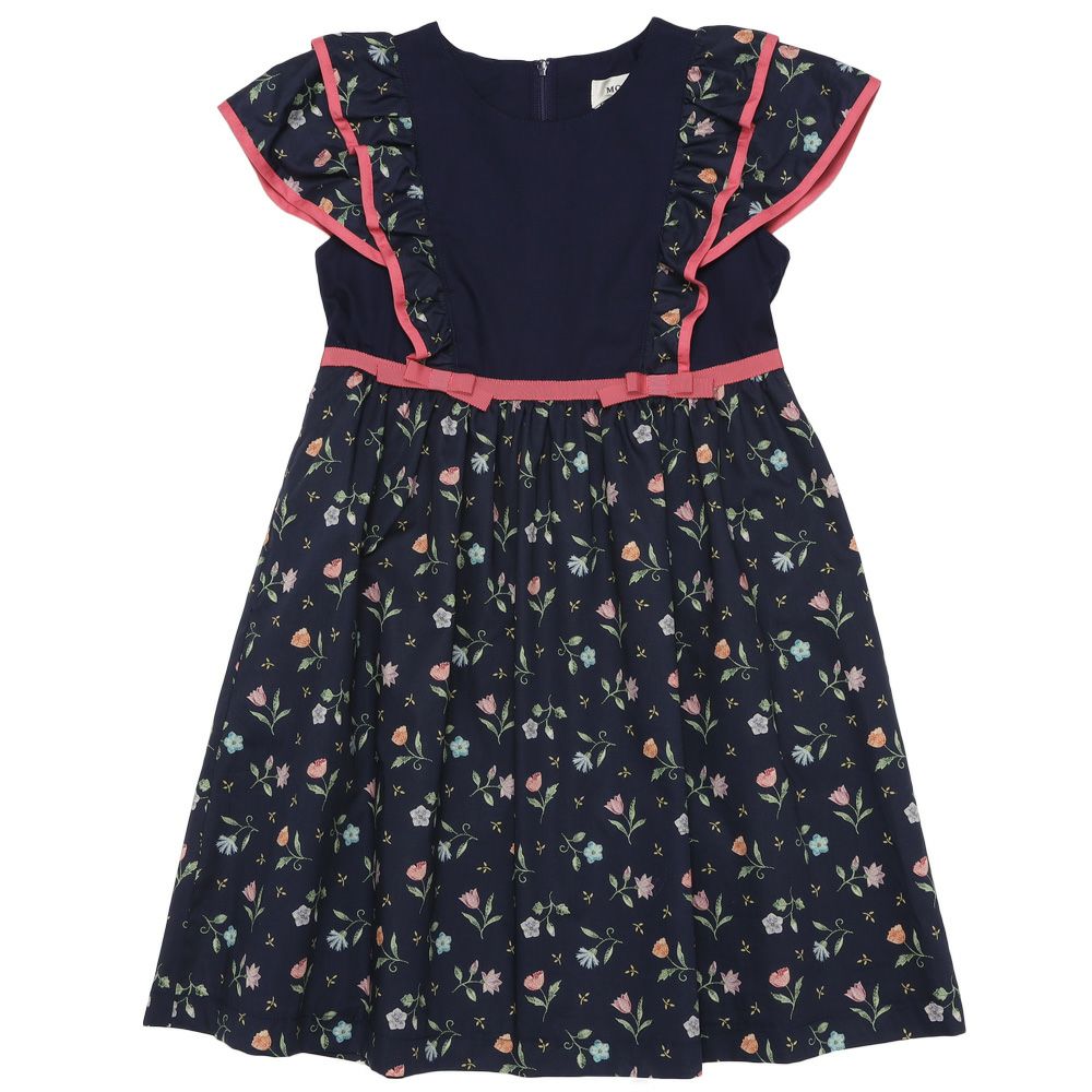 子供服 女の子 日本製 綿100％ リバティプリント使用 花柄 フリル ワンピース ネイビー(06) 正面