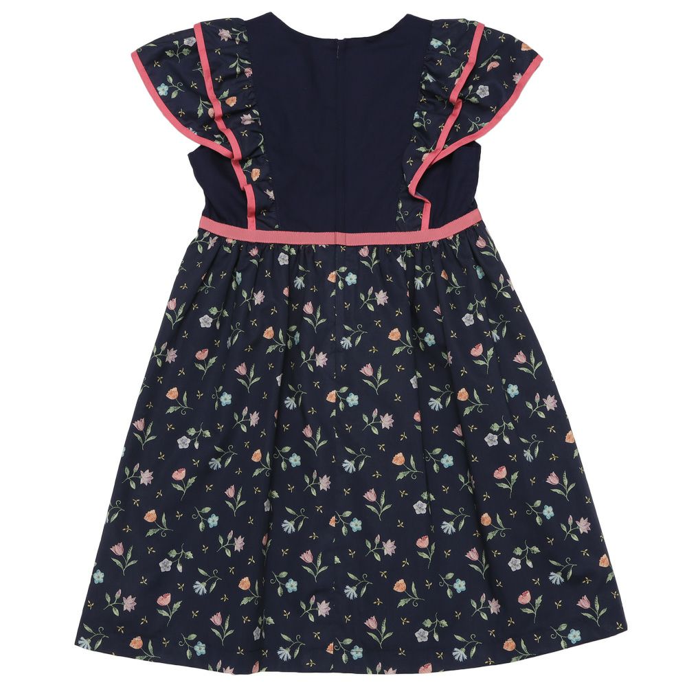 子供服 女の子 日本製 綿100％ リバティプリント使用 花柄 フリル ワンピース ネイビー(06) 背面