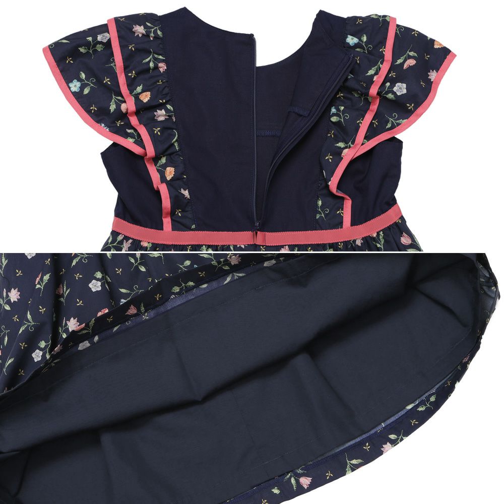子供服 女の子 日本製 綿100％ リバティプリント使用 花柄 フリル ワンピース ネイビー(06) デザインポイント1