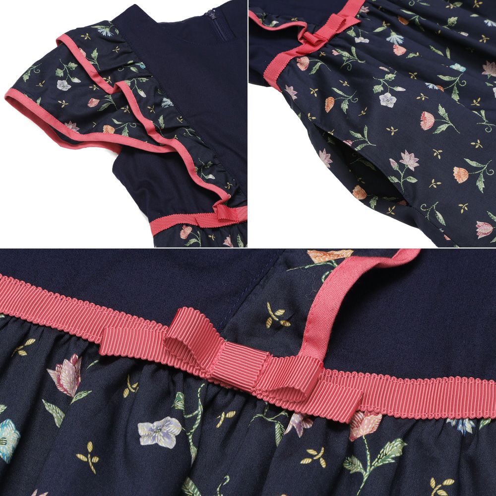 子供服 女の子 日本製 綿100％ リバティプリント使用 花柄 フリル ワンピース ネイビー(06) デザインポイント2