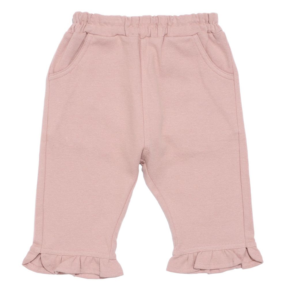 ベビー服 女の子 無地 裾フリル ストレッチ 6分丈パンツ ピンク(02) 正面