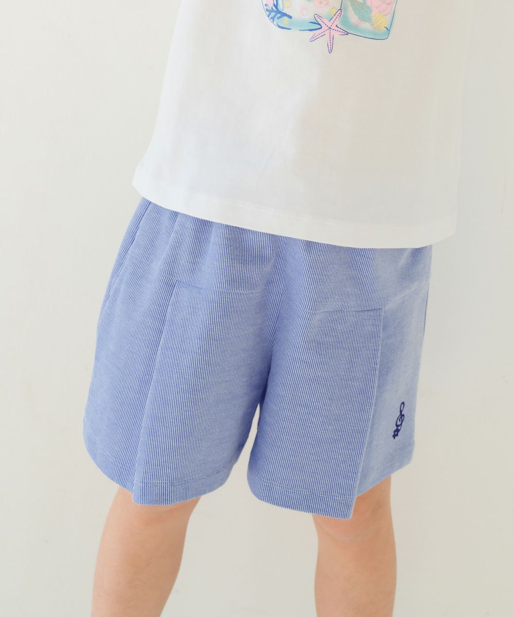 子供服 女の子 音符ロゴ ストライプ柄 キュロット パンツ ブルー(61) モデル画像アップ