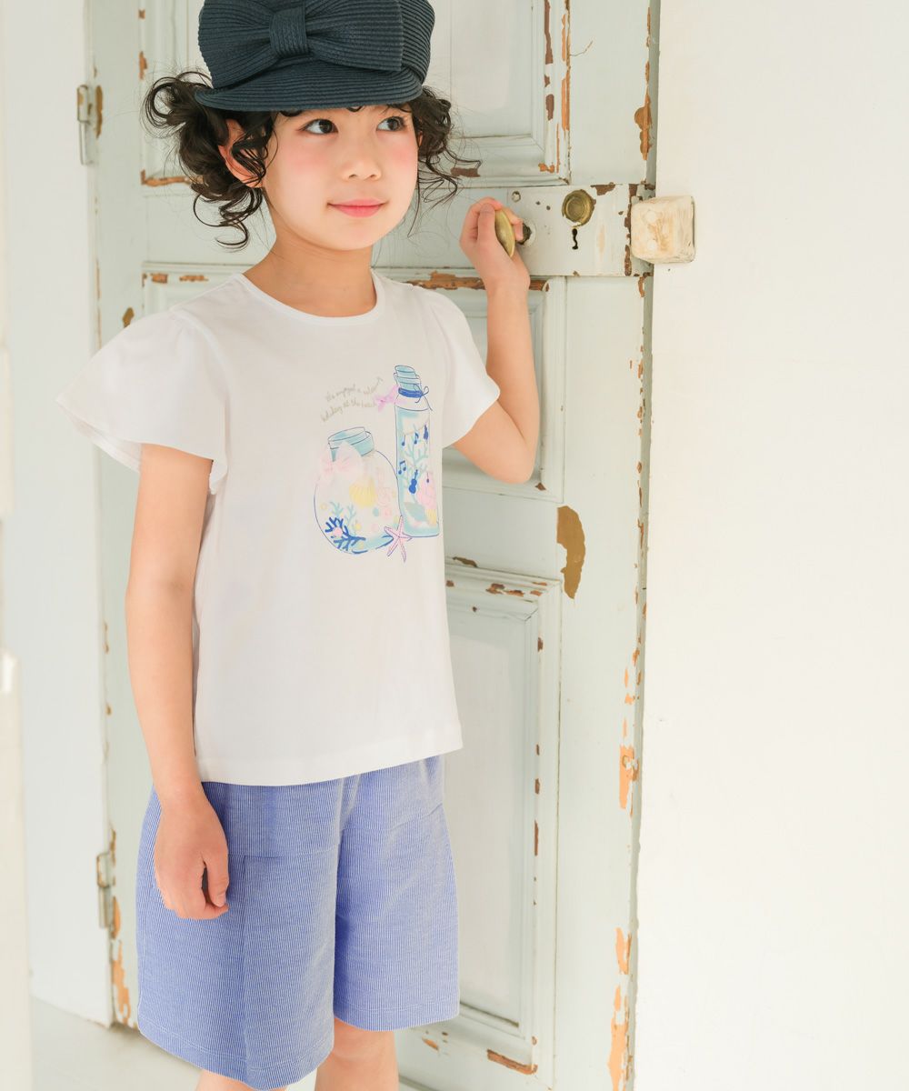 子供服 女の子 音符ロゴ ストライプ柄 キュロット パンツ ブルー(61) モデル画像全身