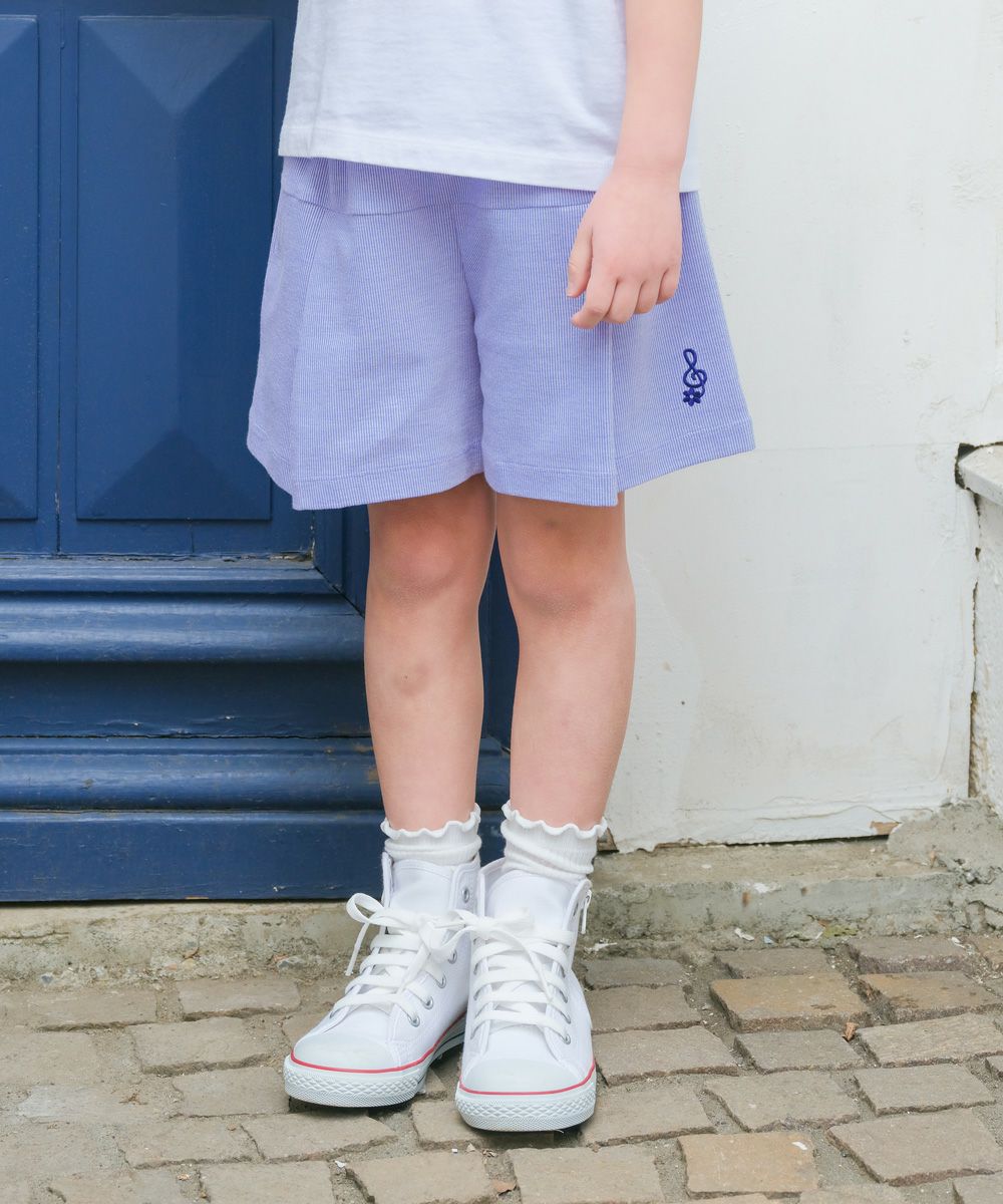 子供服 女の子 音符ロゴ ストライプ柄 キュロット パンツ ブルー(61) モデル画像1