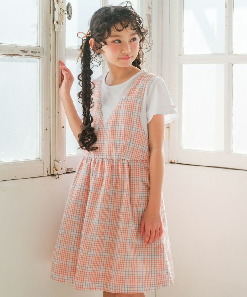 子供服 女の子 綿100％ 重ね着風 チェック ワンピース
