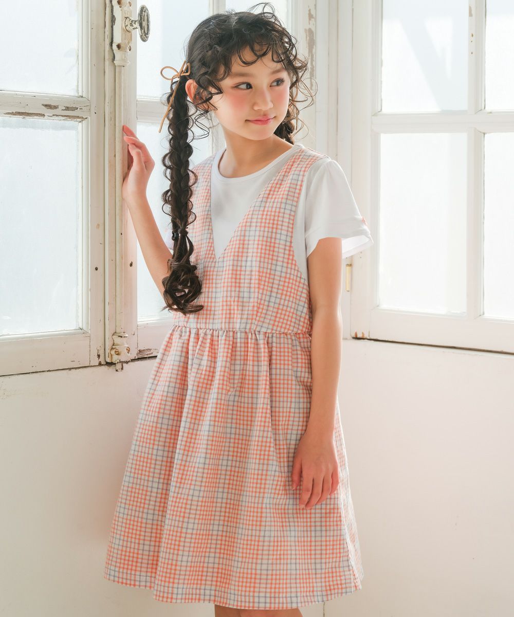 子供服 女の子 綿100％ 重ね着風 チェック ワンピース