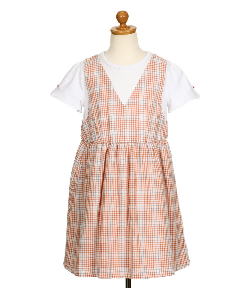 子供服 女の子 綿100％ 重ね着風 チェック ワンピース オレンジ(07) トルソー背面