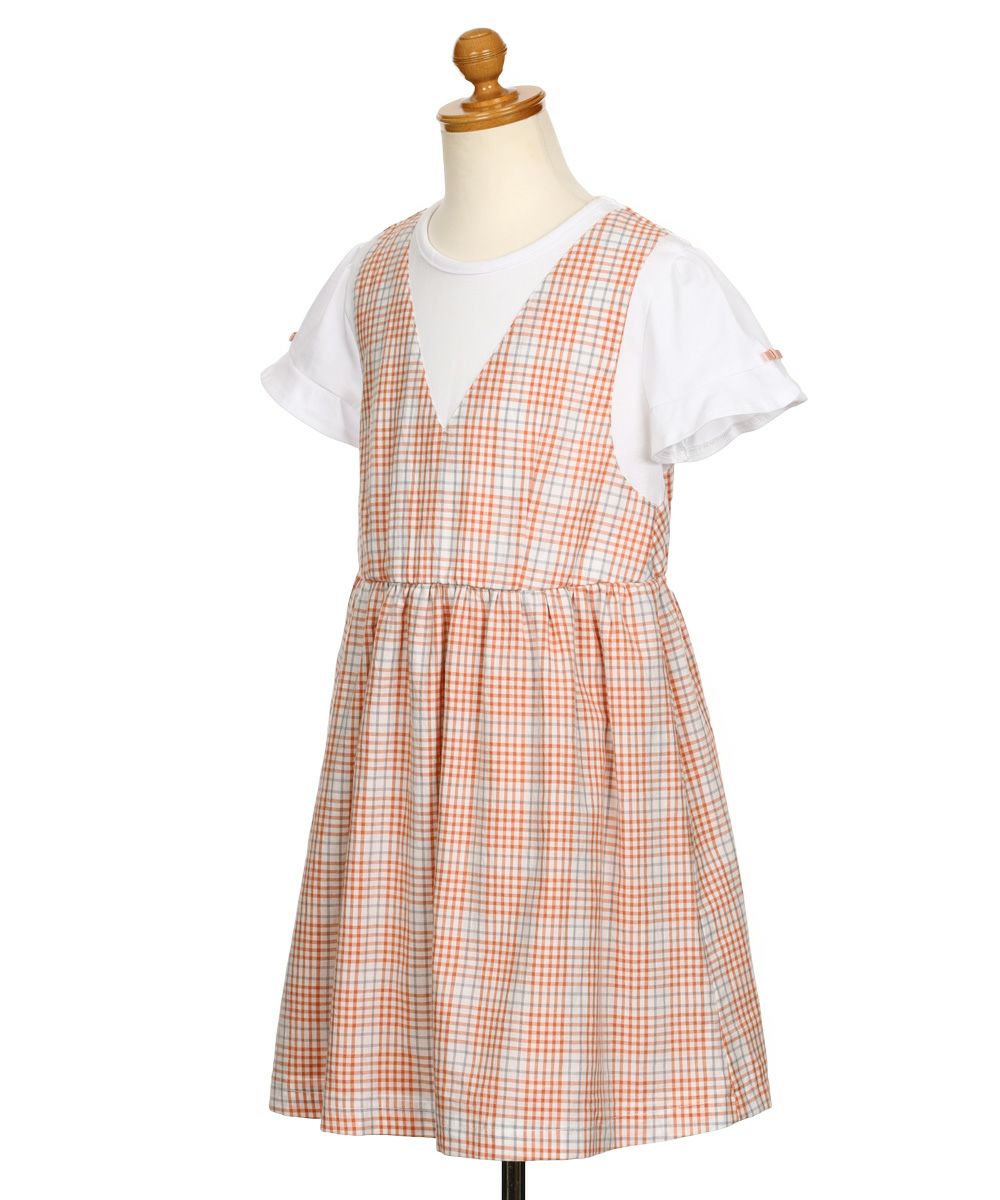 子供服 女の子 綿100％ 重ね着風 チェック ワンピース オレンジ(07) トルソー斜め