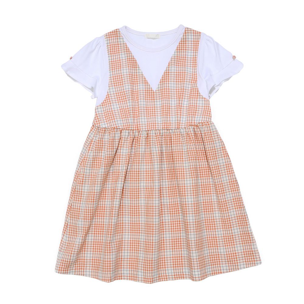 子供服 女の子 綿100％ 重ね着風 チェック ワンピース オレンジ(07) 正面