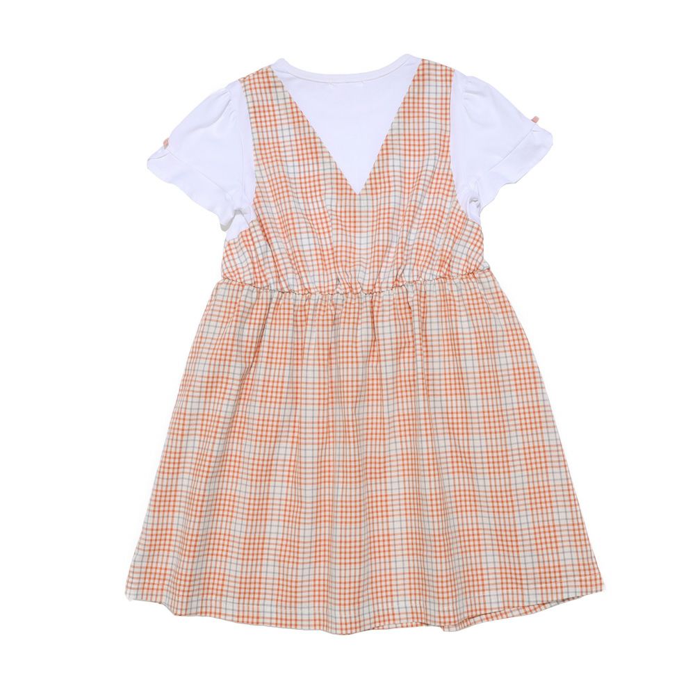 子供服 女の子 綿100％ 重ね着風 チェック ワンピース オレンジ(07) 背面
