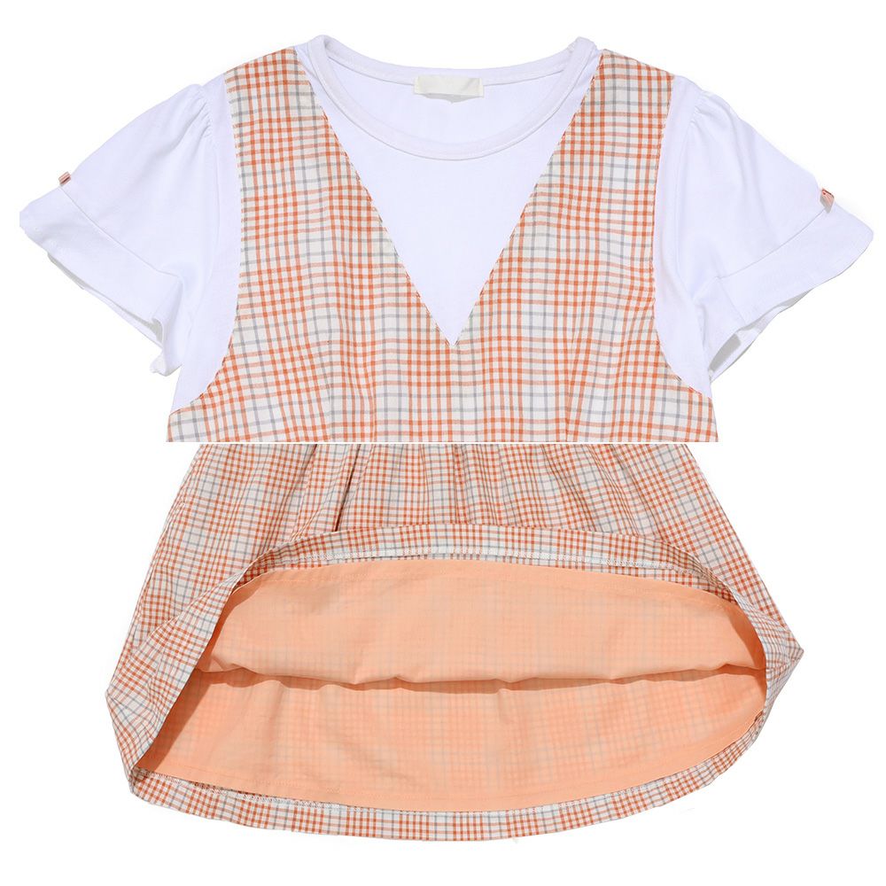 子供服 女の子 綿100％ 重ね着風 チェック ワンピース オレンジ(07) デザインポイント1
