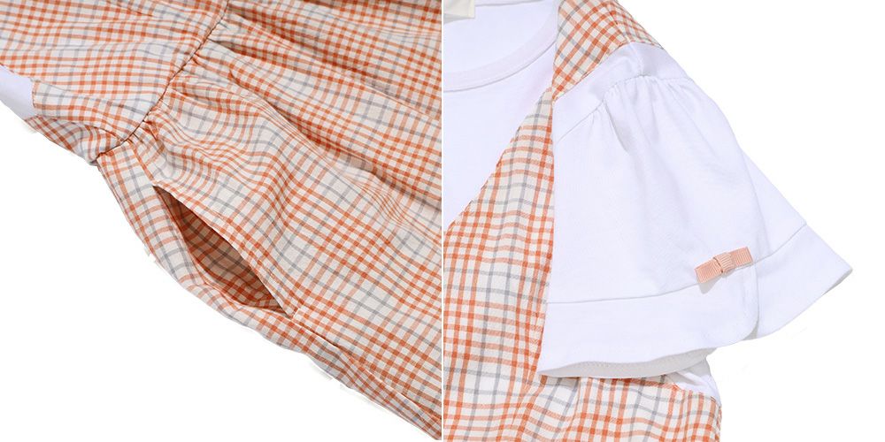 子供服 女の子 綿100％ 重ね着風 チェック ワンピース オレンジ(07) デザインポイント2