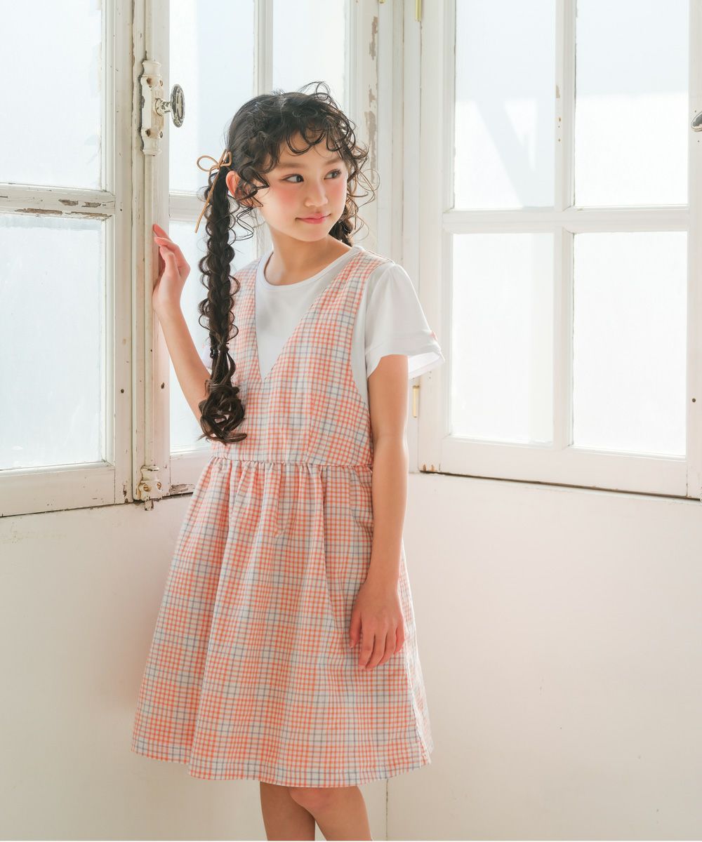 子供服 女の子 綿100％ 重ね着風 チェック ワンピース オレンジ(07) モデル画像アップ