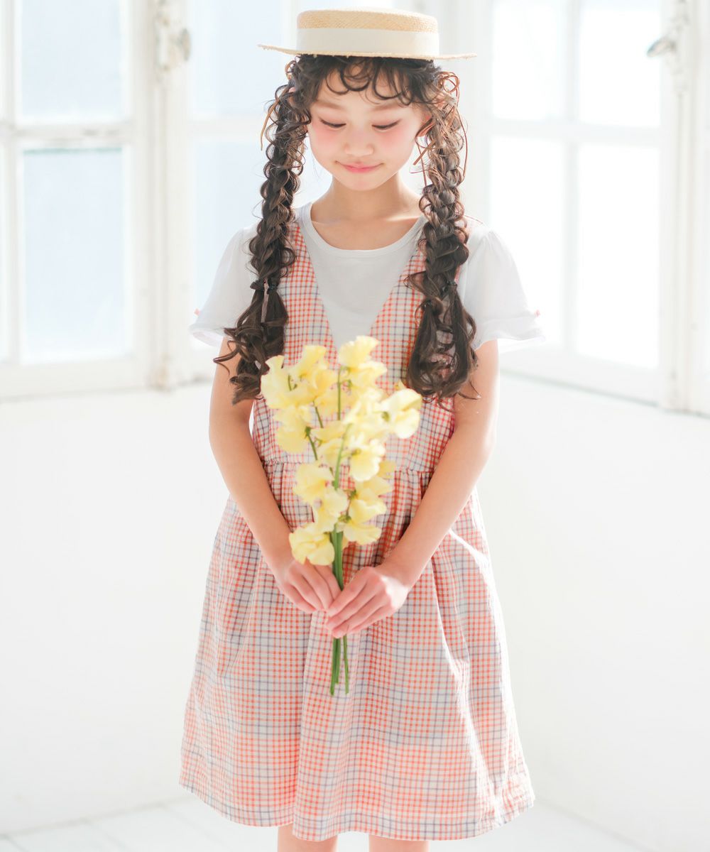子供服 女の子 綿100％ 重ね着風 チェック ワンピース オレンジ(07) モデル画像全身